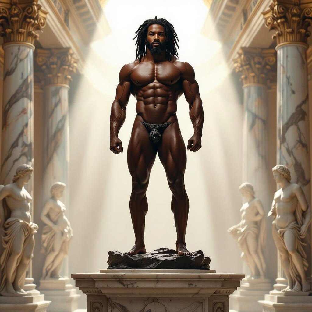 Bronze Statue of Black Man in Museum, Hyperrealistic Style