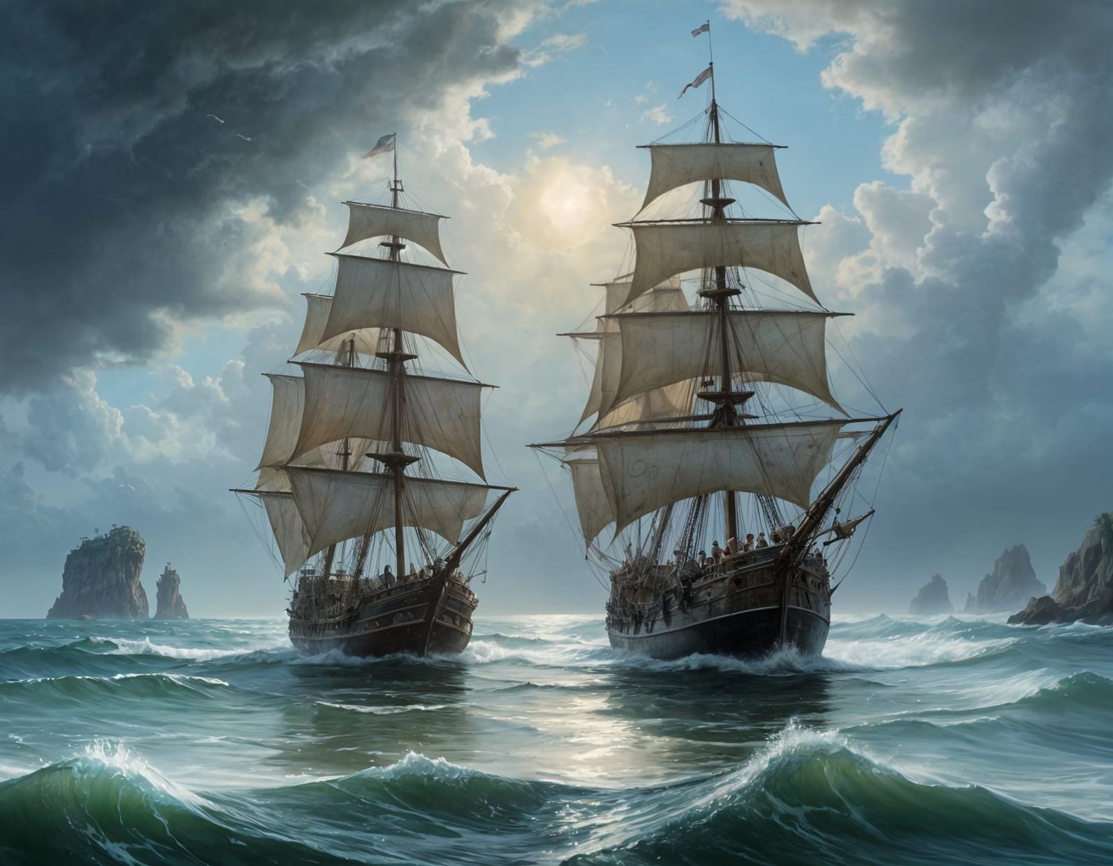 Ethereal Ghost Galleon Tossed on Turbulent Seas in Watercolo...