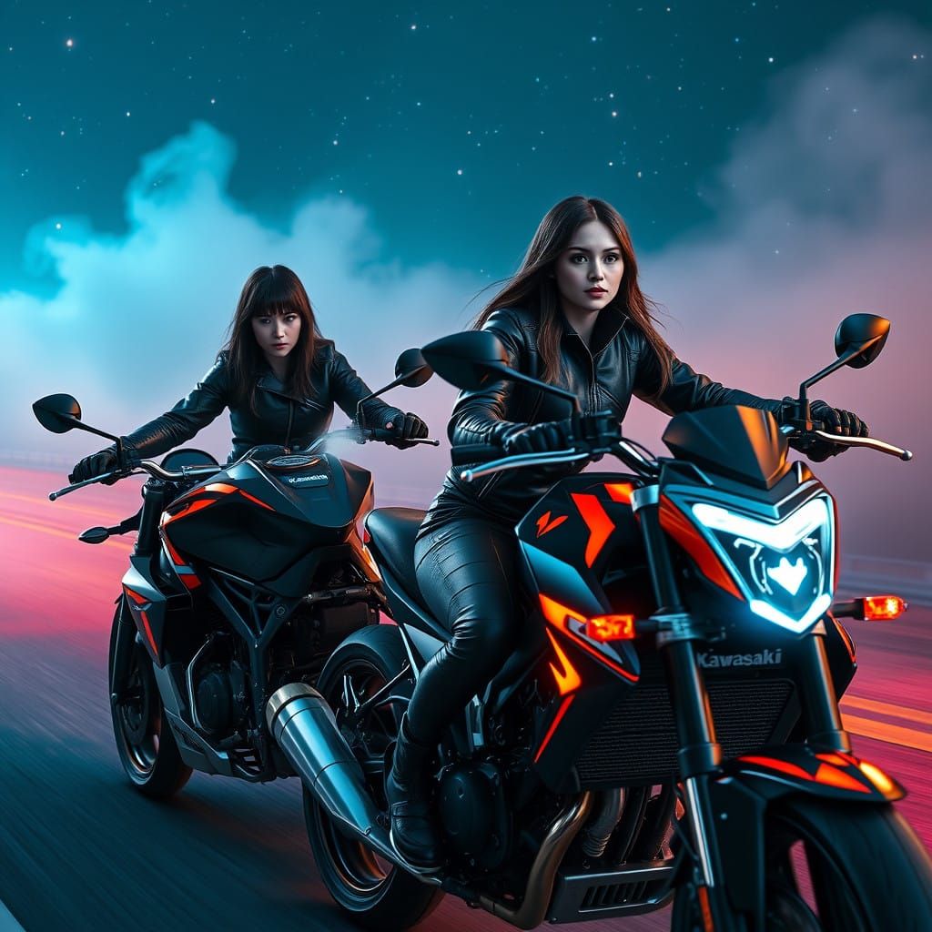 Girls Riding Kawasaki Motorbikes Under Neon Night Sky