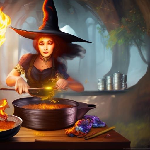 Fantasy Witch Cooks: Detailed Matte Painting