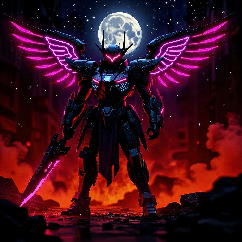 Fantasy Mecha Warrior in Cyberpunk Style