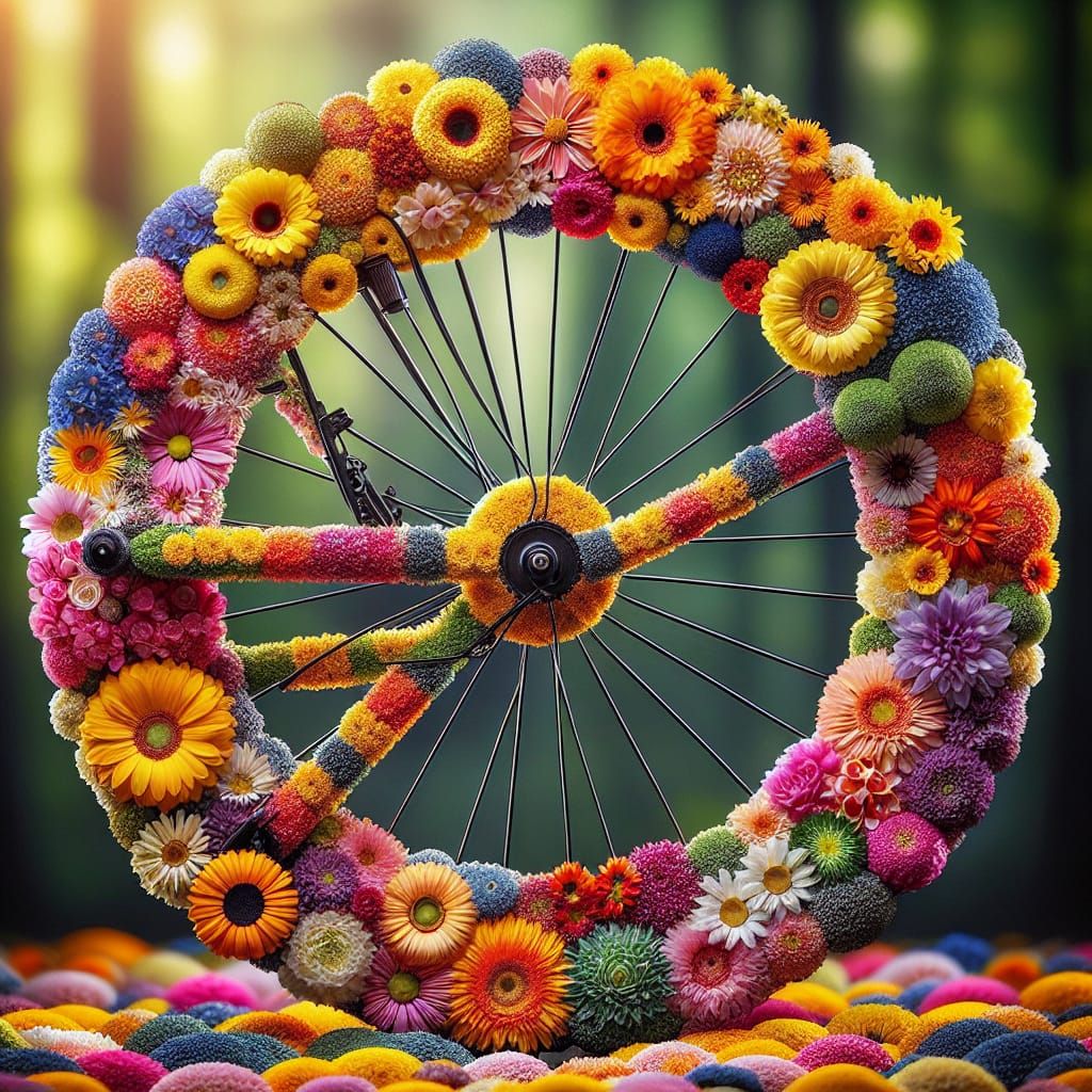 Floral Bicycle Wheel: Hyperrealistic Springtime Art