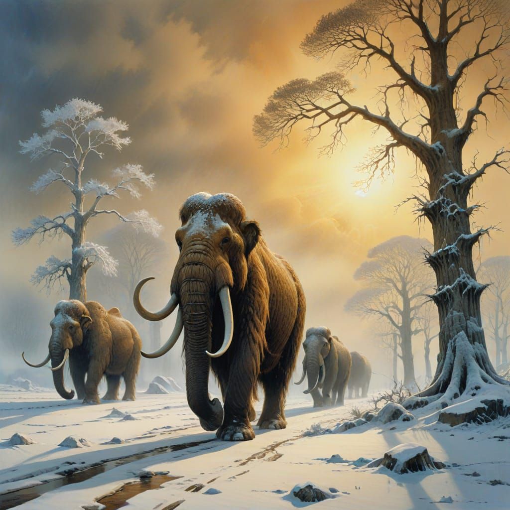 Majestic Woolly Mammoths in Winter Landscape