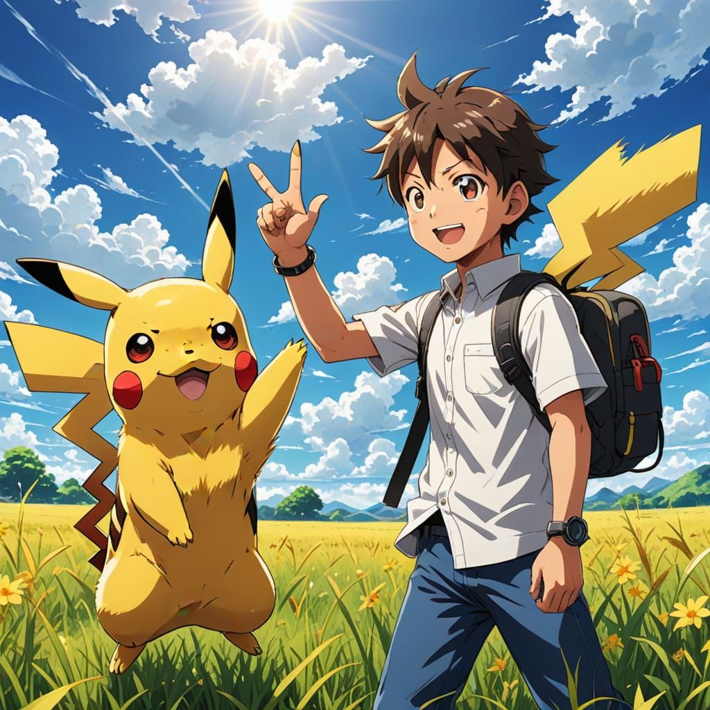 Ash and Pikachu High Five in Vibrant Anime Style