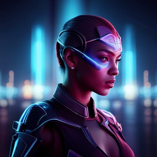 Cyborg Girl in Neon City, Detailed Digital Painting