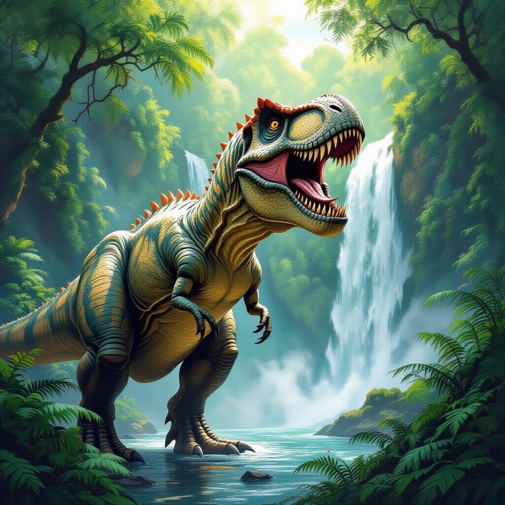 T-Rex in Fern Forest, Dinotopia-Inspired Art
