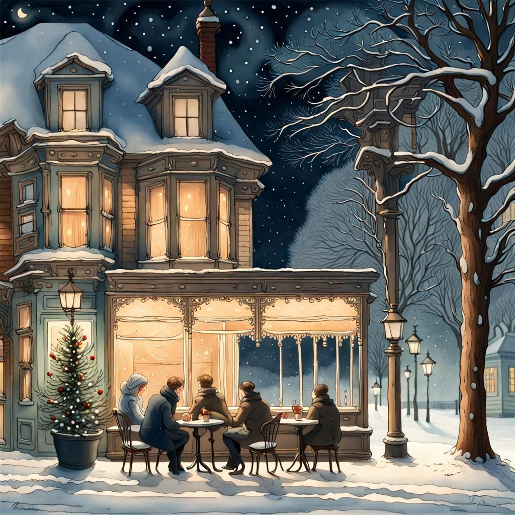 Festive Cafe Scene in Gouache Watercolor