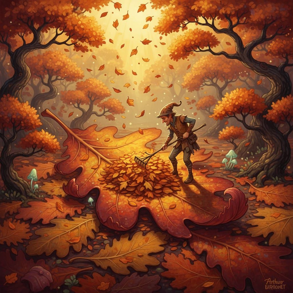 Miniature Man Raking Autumn Leaves on Giant Leaf