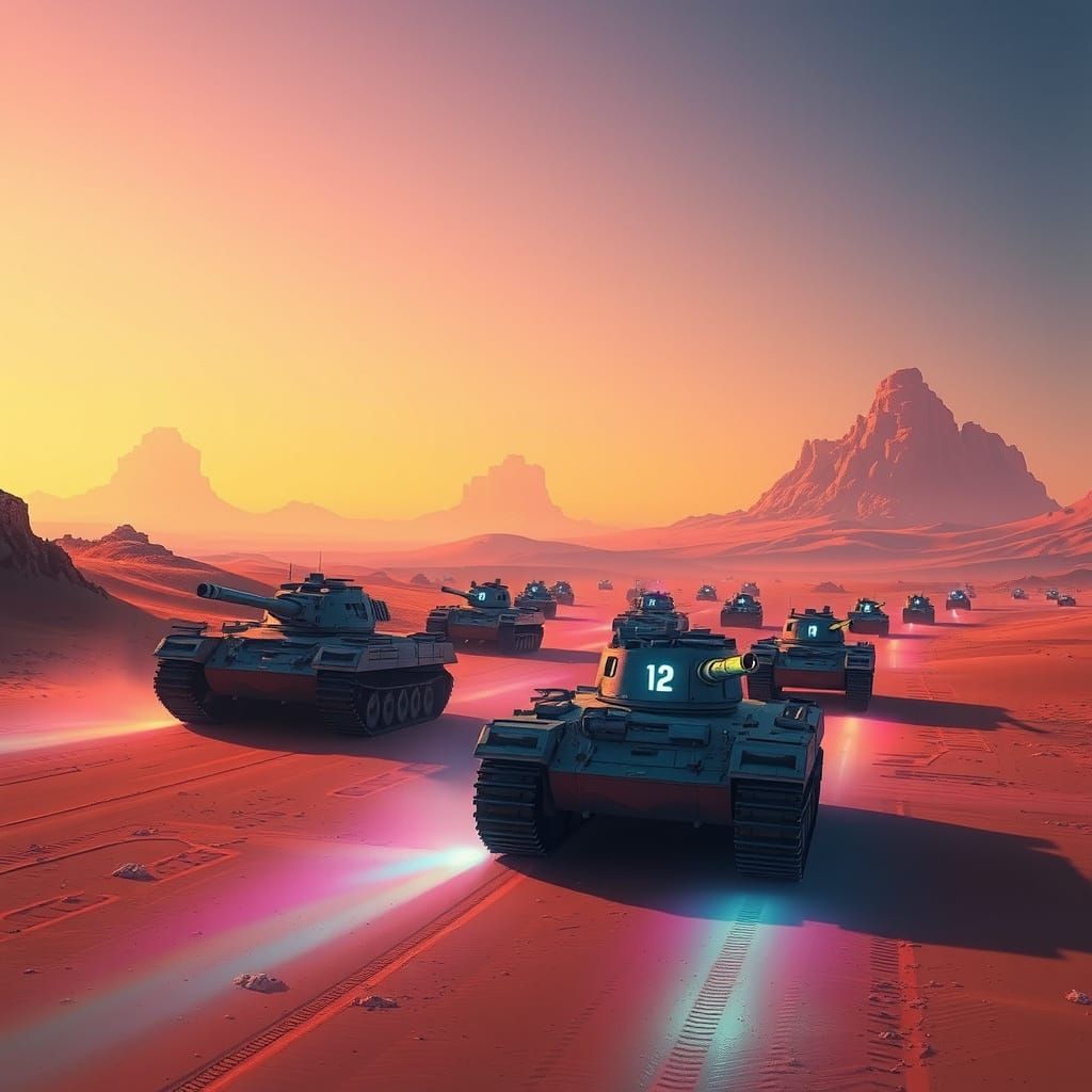 Tanks Transitioning from Day to Night in Dystopian Desert