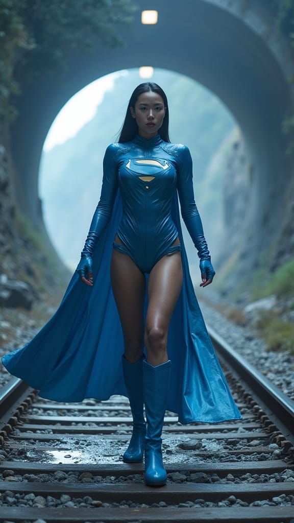 Supergirl Blue Star in Cinematic Mountain Scene