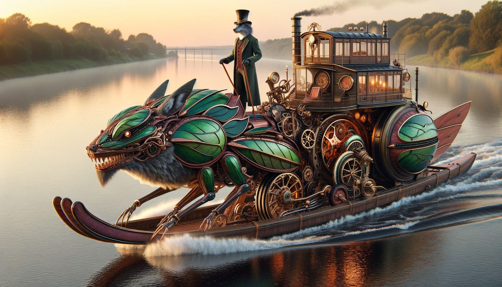 Steampunk Water Boatman Riverboat at Sunset