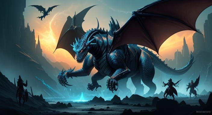 Epic Fantasy Heroes Emerge From Darkness at Sunset