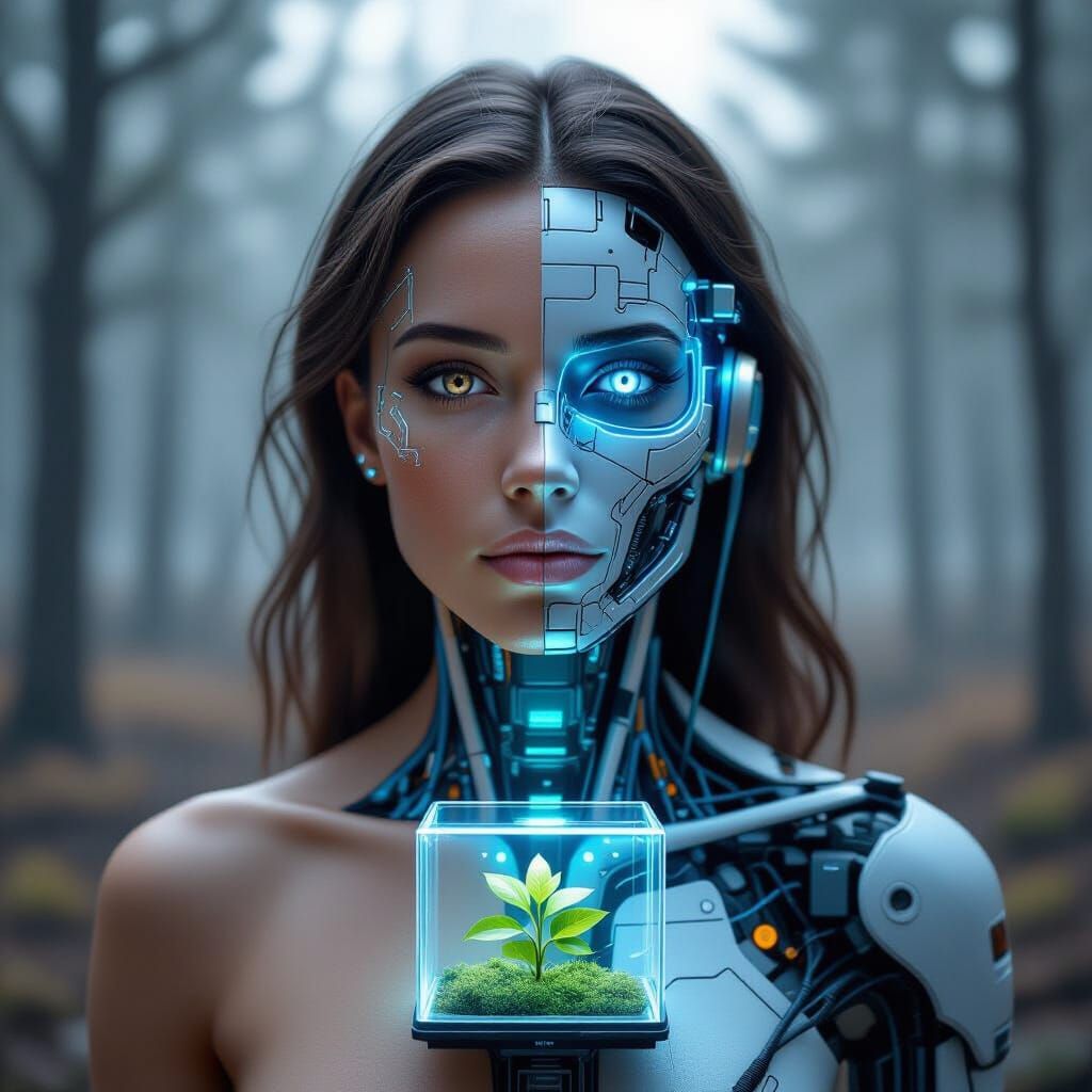 Hyperrealistic AI-Human Fusion Portrait with Digital Element...