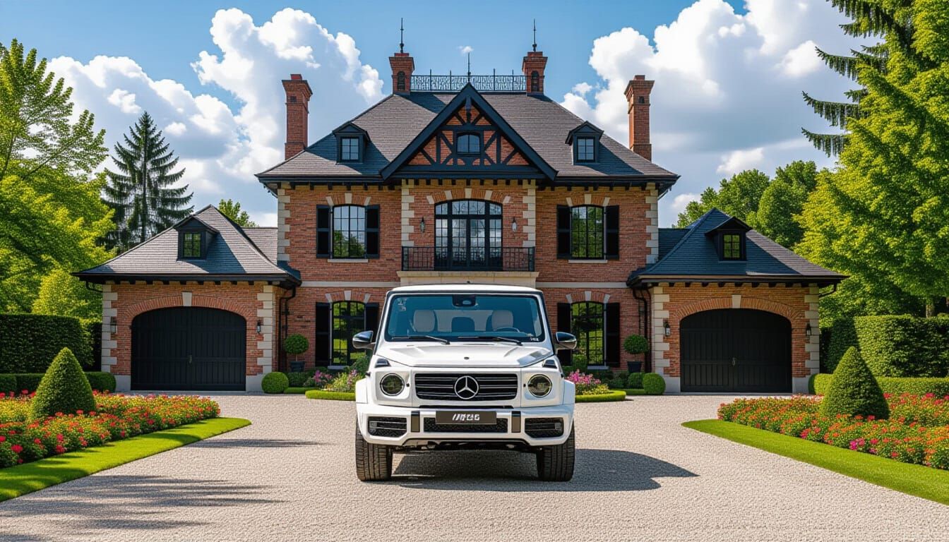 Victorian Chateau With Mercedes in Vibrant Garden