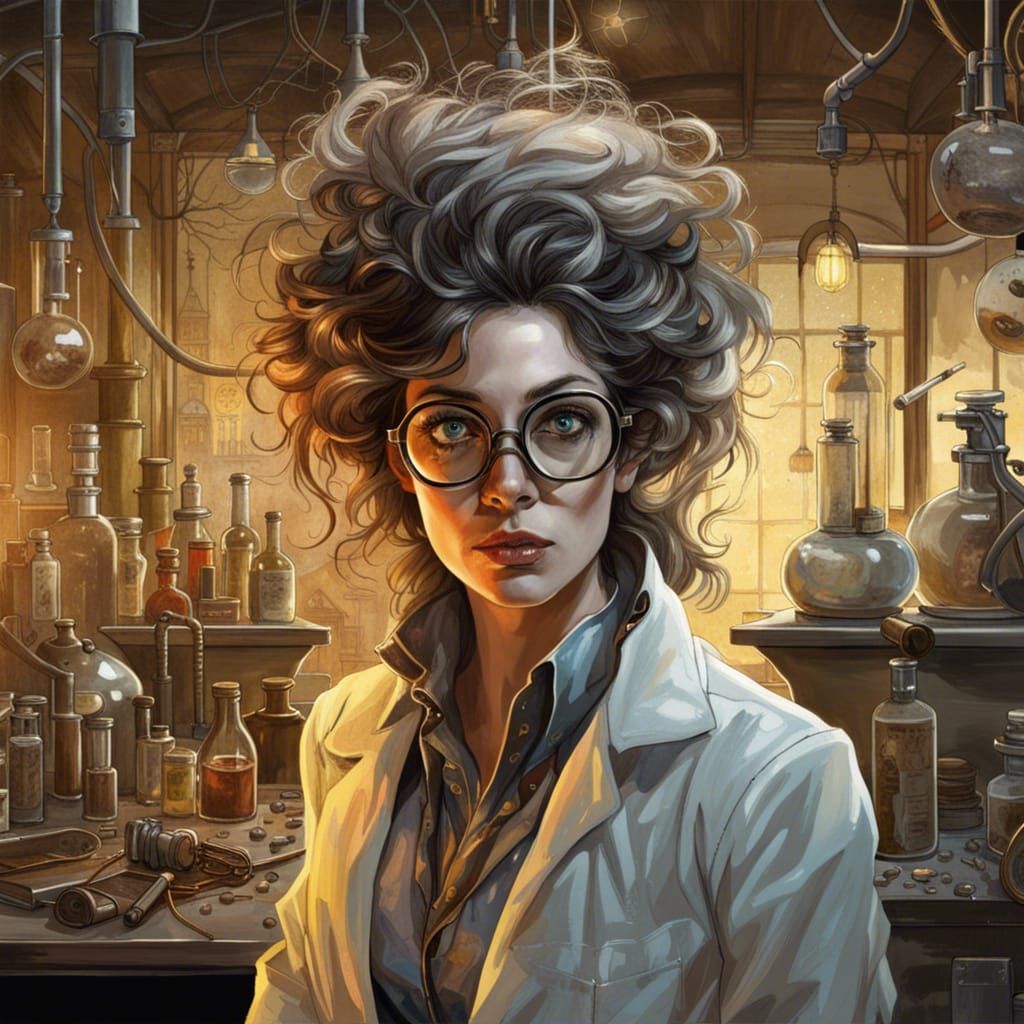 Nanopunk Mad Scientist Portrait in Cluttered Laboratory