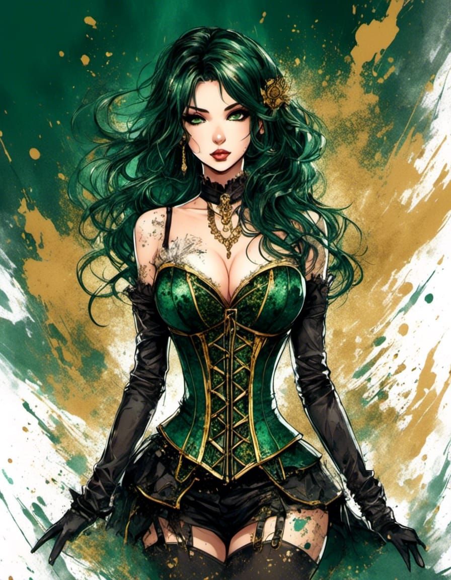 Anime Girl in Green Corset Ink Splatter Art