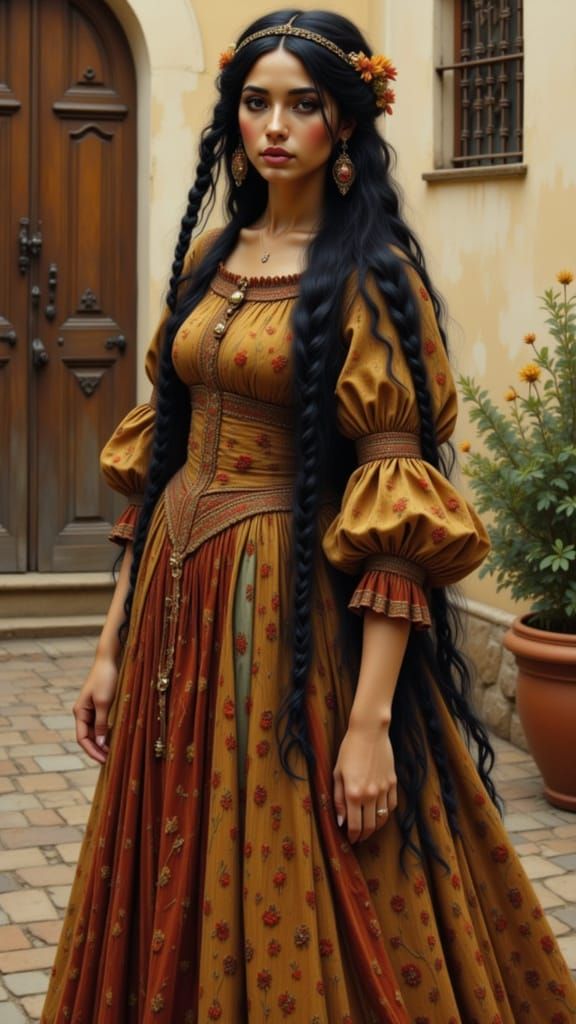 Sephardic Woman in Autumn Courtyard Oil Portrait