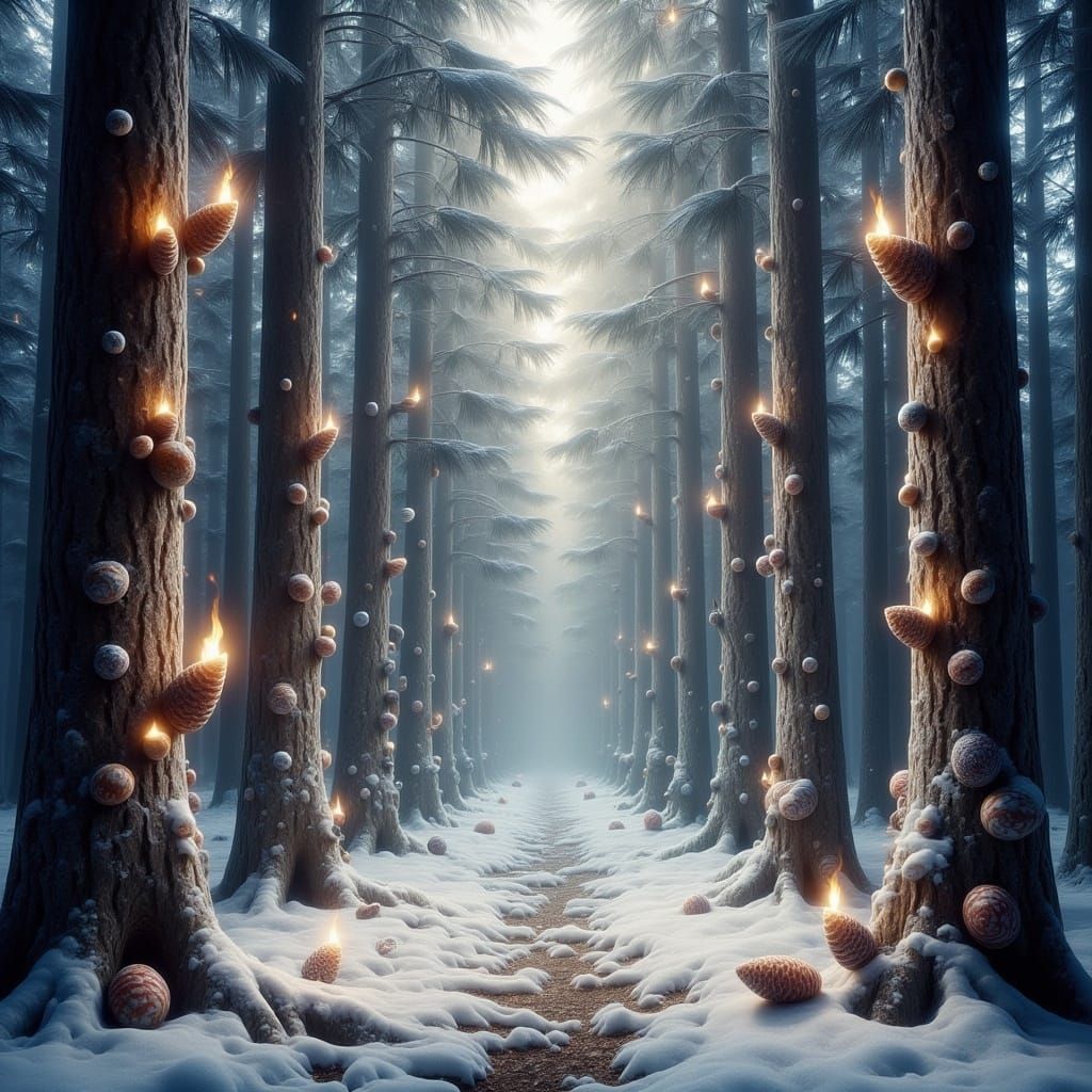 Snowy Cedar Forest with Cones in Cosmic Astral Style