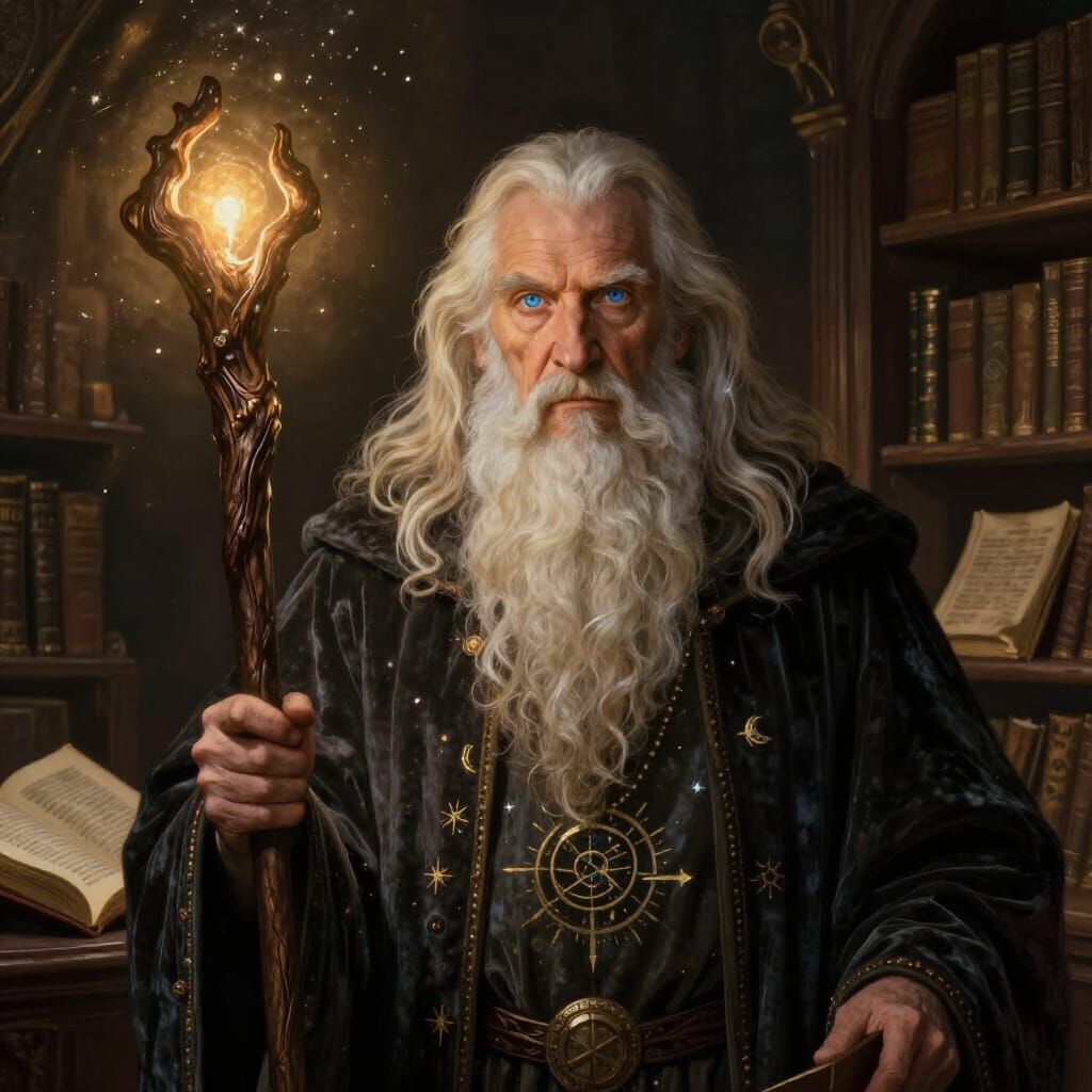 Wise Old Wizard in Ancient Library Digital Painting