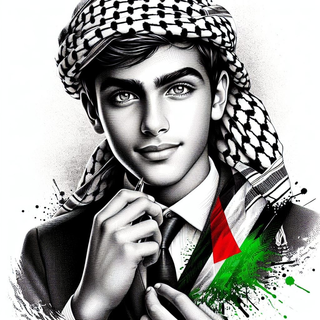 Friendly Middle-Eastern Boy Portrait in Ink Drawing Style