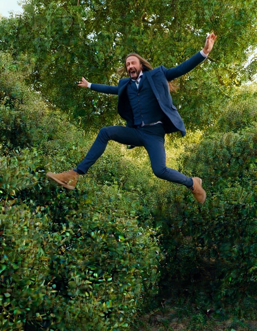 Man Jumps Behind Bush in Cartoon Style