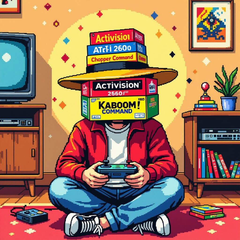 A hat made of boxes of Activision games for the Atari 2600 l...