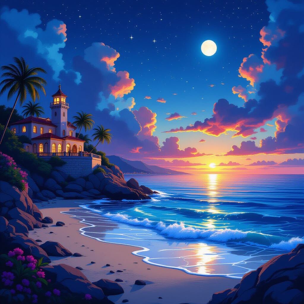 Summer Seaside Night in Detailed Matte Painting