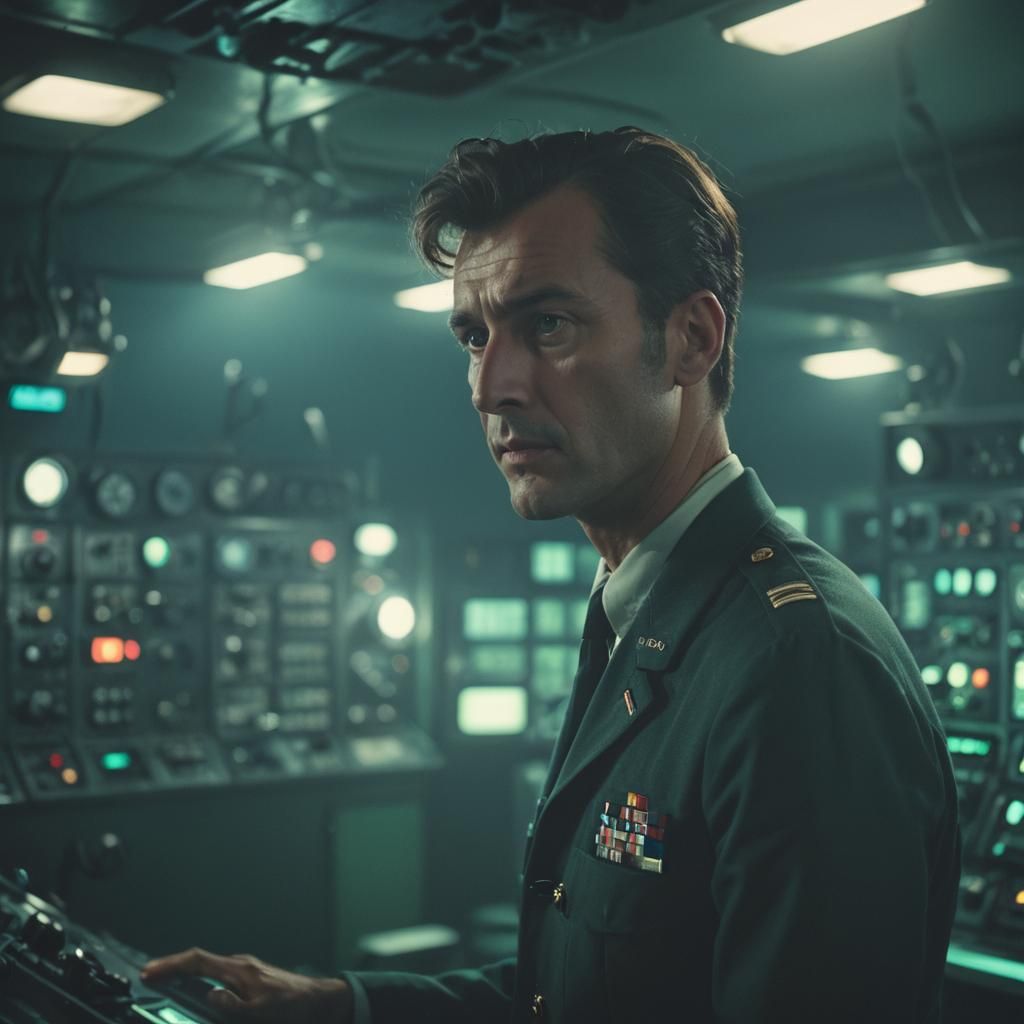 1960s Submarine Captain in Dimly Lit Control Room