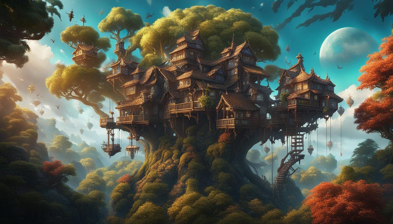 Fantastical Treetop Village in Detailed Digital Painting