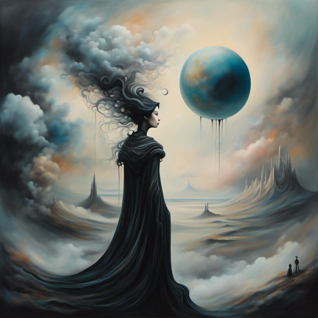 Melancholic Figure with Planet in Surreal Landscape
