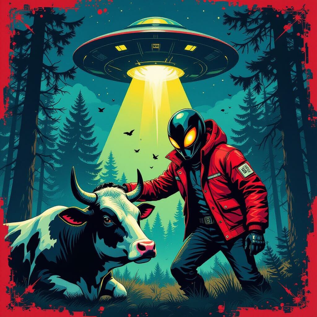 Menacing Alien in Red Jacket Smashes Cow's Head Near UFO