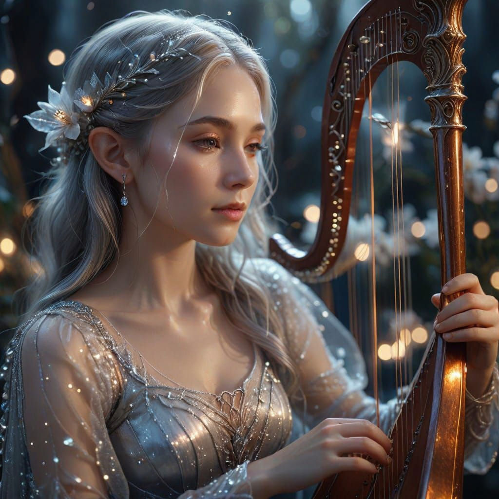Elven Harpist in Moonlit Glade