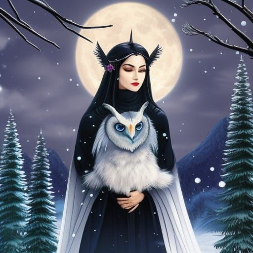 Winter Witch with Snowy Owl in Studio Ghibli Style