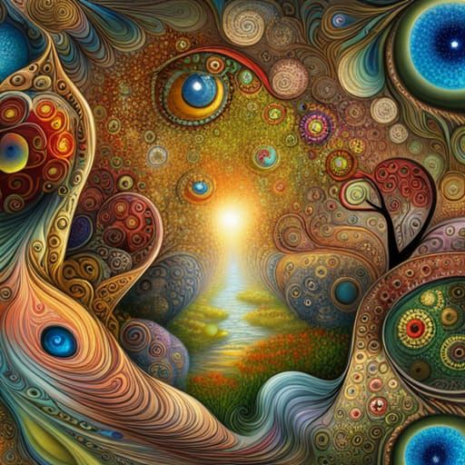 Fractal-Eyed Phoenixes in a Radiant Blossom Garden