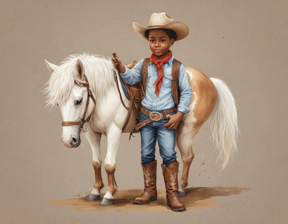 Cute Cowboy Boy and Pony Watercolor Illustration