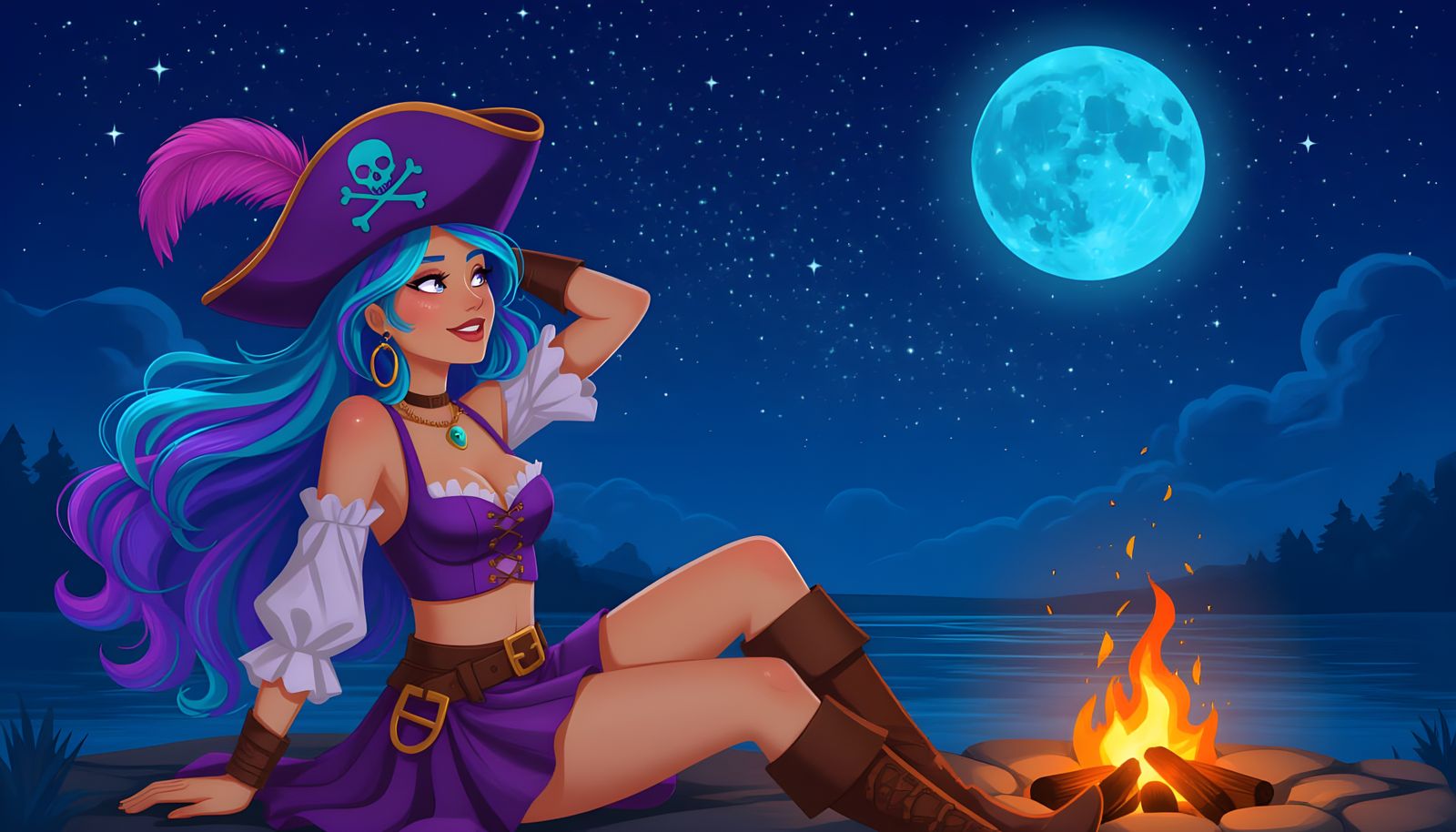 Tall Female Pirate Captain Gazing at Starry Night Sky