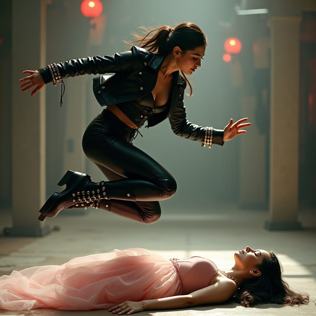 Cinematic Snow White in Black Leather Action Shot