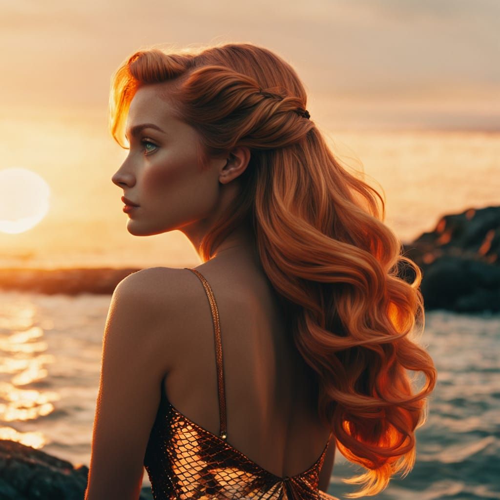 Mermaid Watches Sunset in Film Noir Style