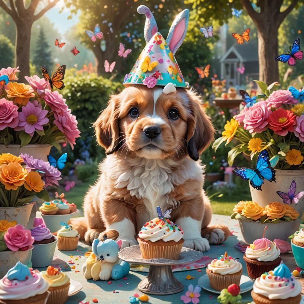 Puppy and Bunny Celebrate with Cupcake: Digital Art