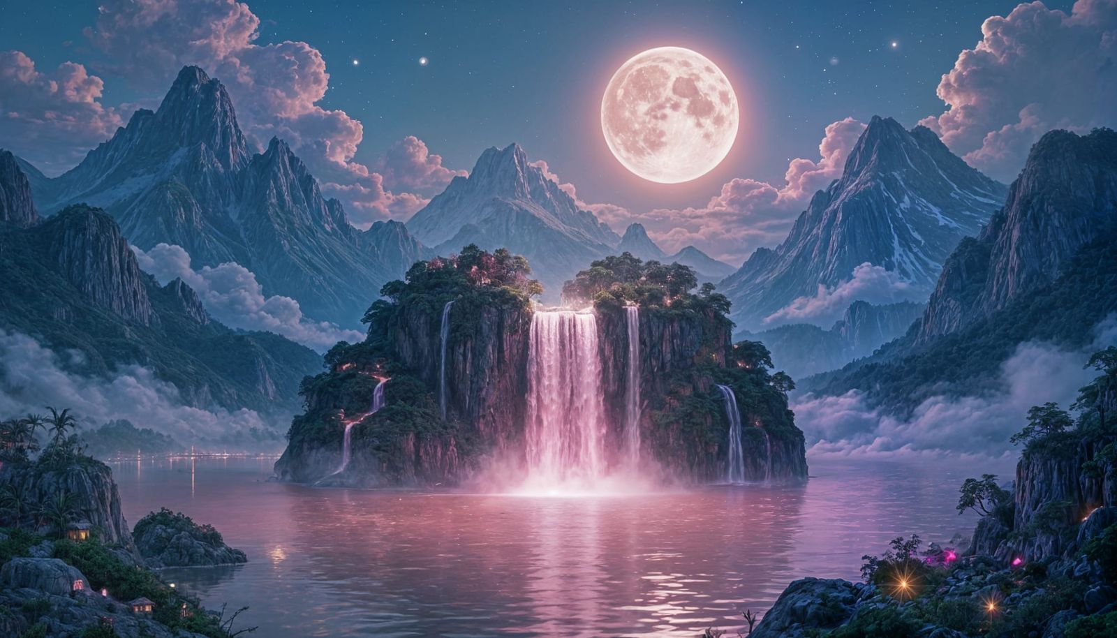 Floating Island with Pink Waterfall Under Harvest Moon