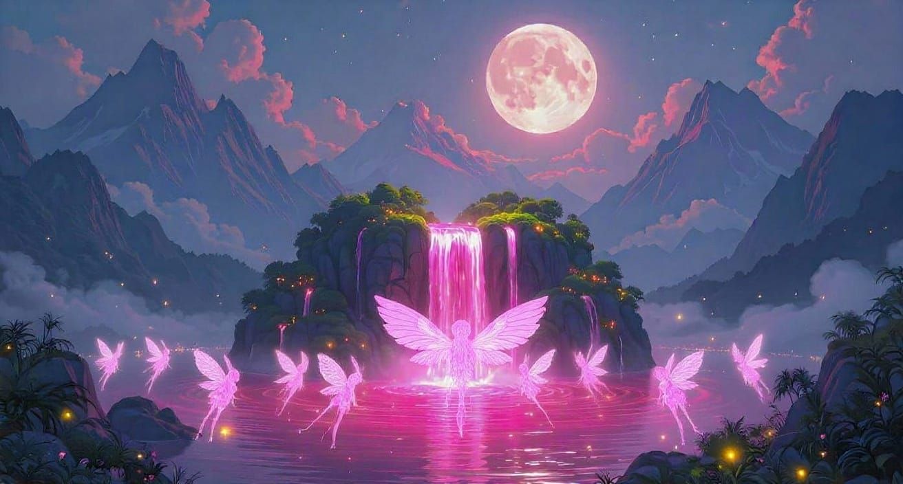 Floating Island with Pink Waterfall and Harvest Moon