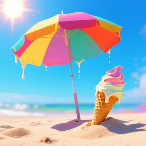 Vibrant Beach Scene with Melting Ice Cream and Umbrella