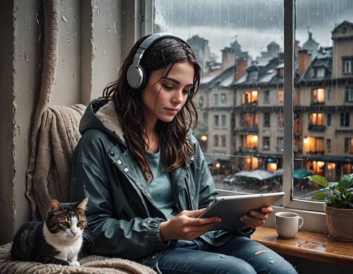 Cozy Room Scene with Rain and City View