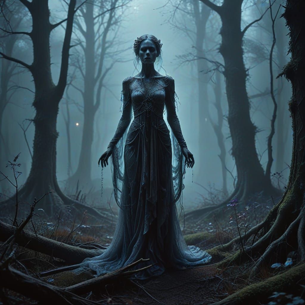 Ethereal Lilith in Misty Victorian Landscape