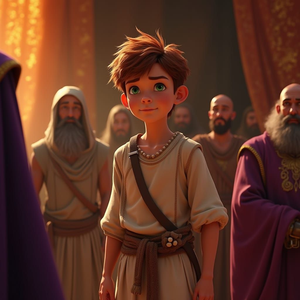 Courageous Shepherd Boy Before Regal King in Royal Tent