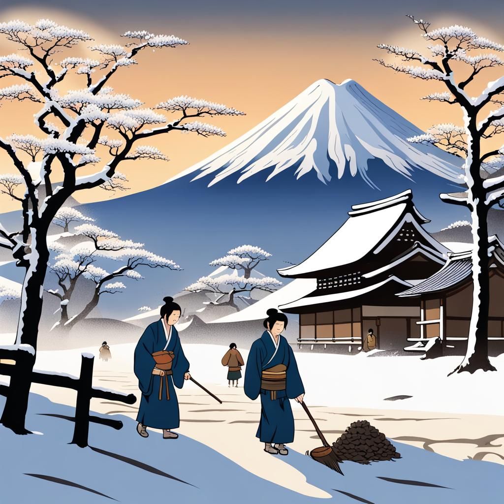 Ancient Japanese Village at Mount Fuji in Winter
