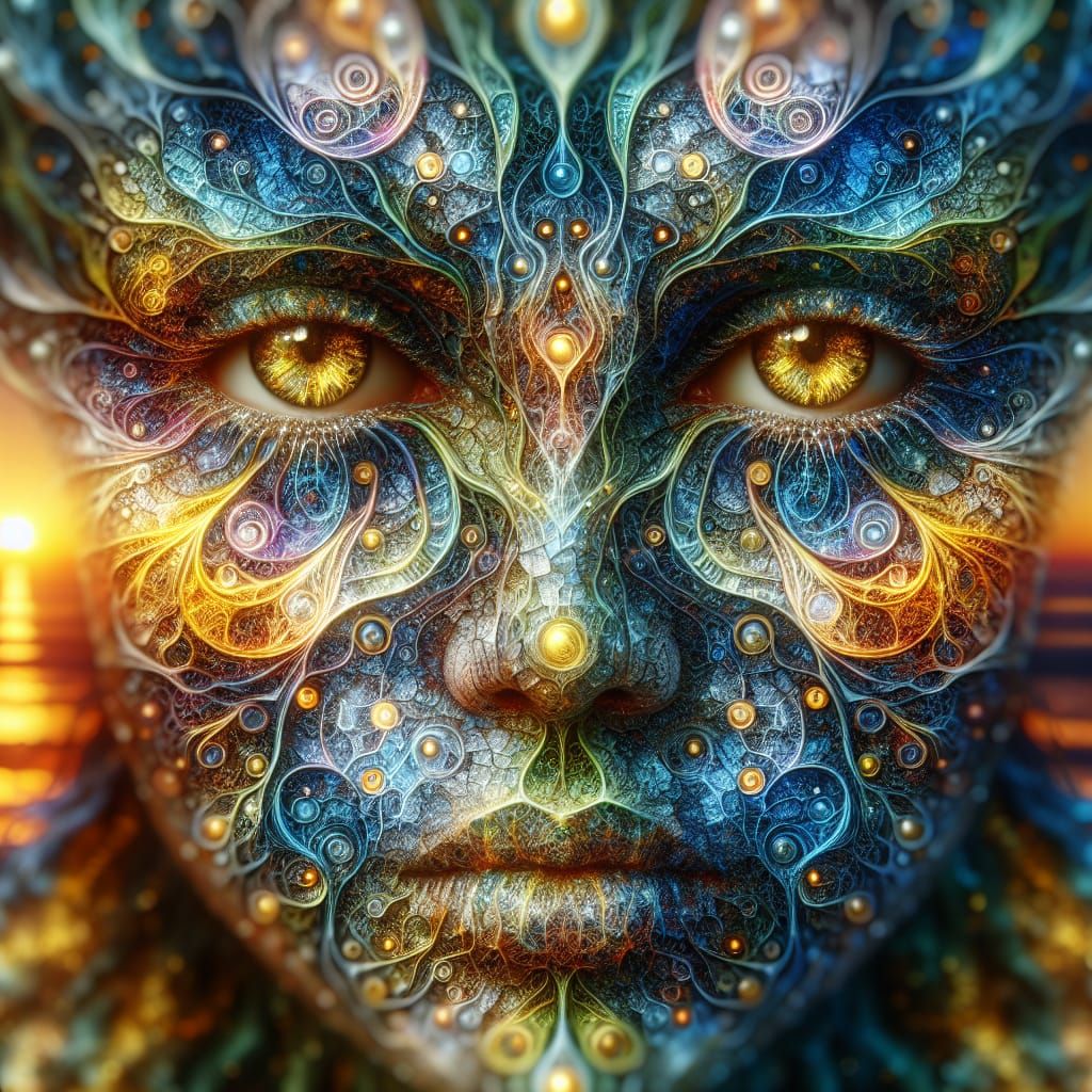 Intricately Adorned Face with Crystalline Eyes