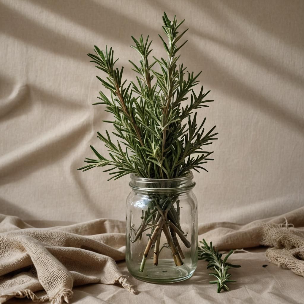 Rosemary Sprig in Glass Jar Photorealism