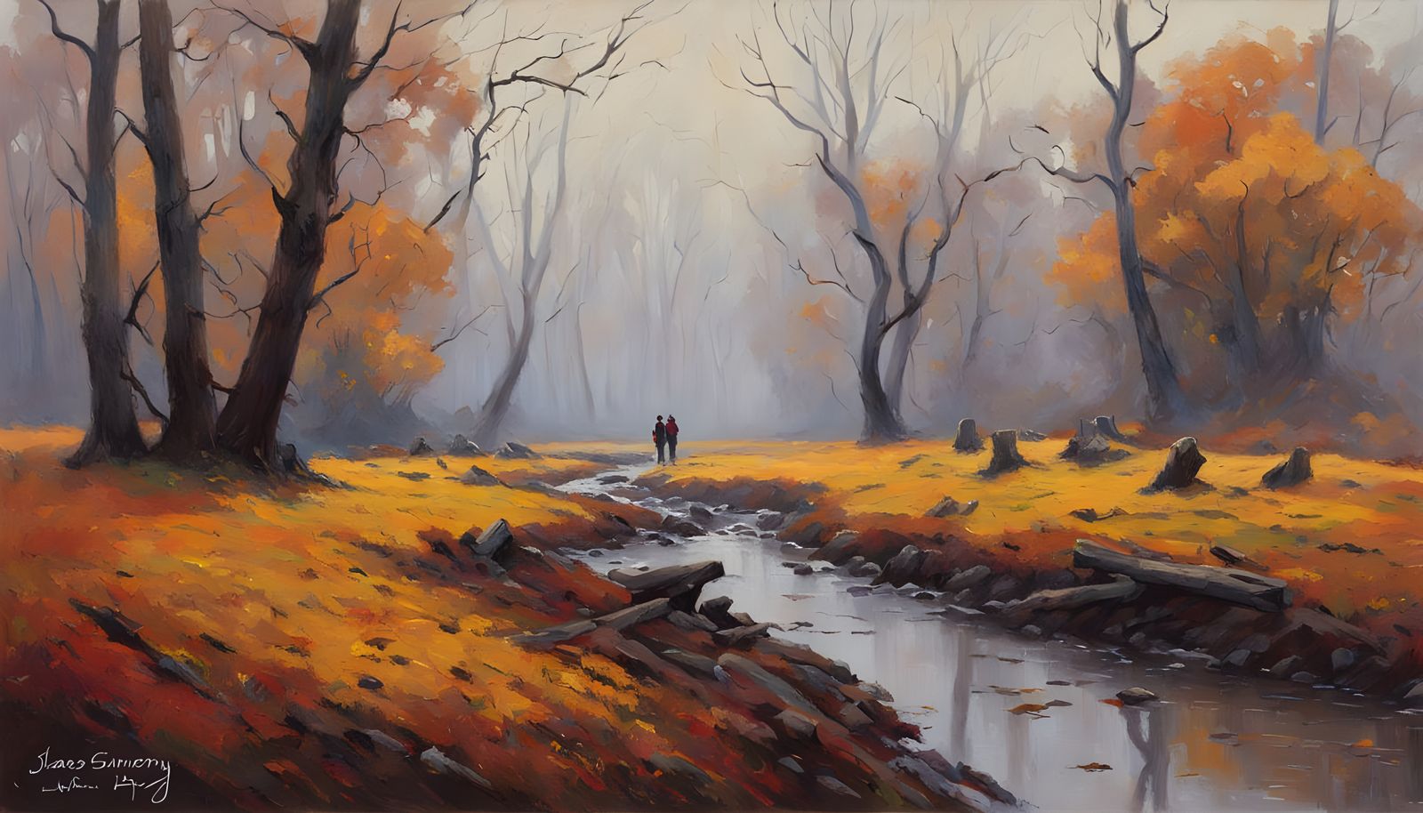 Autumn Forest in Misty Realism Oil Painting Style