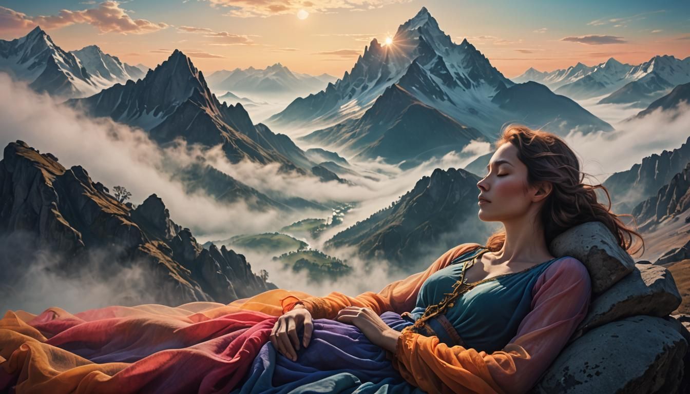 Surreal Sleeping Woman in Mountain Dreamscape